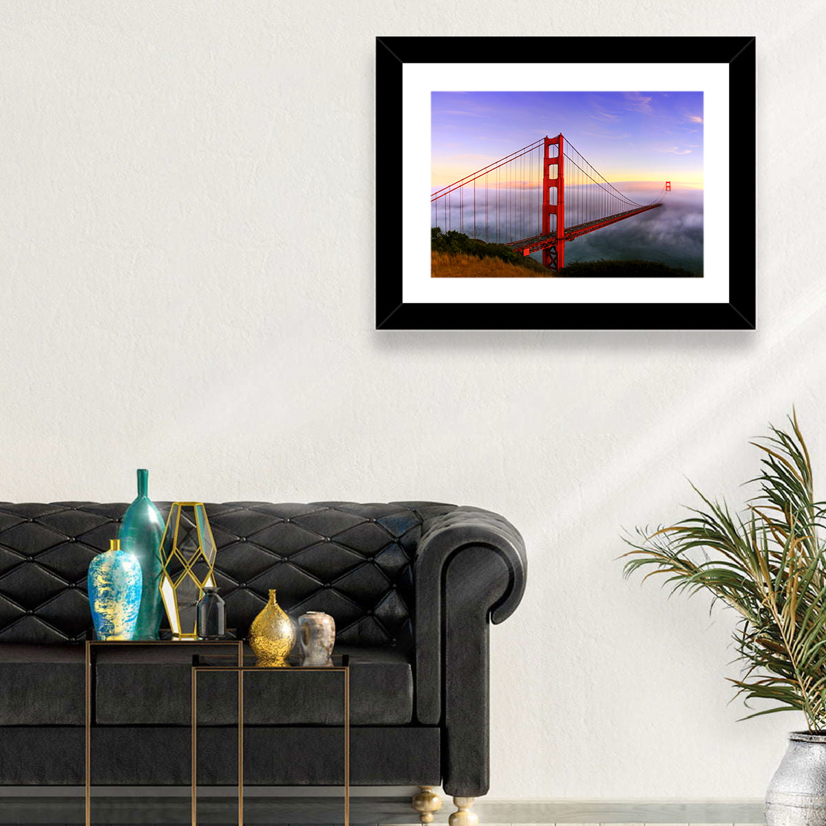Foggy Golden Gate Bridge Wall Art in a room, landscape