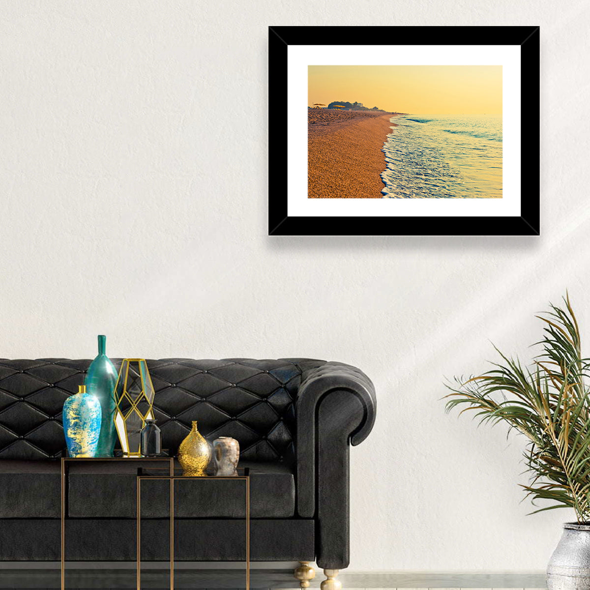 Tranquil Beach Sunrise Wall Art in a room, landscape