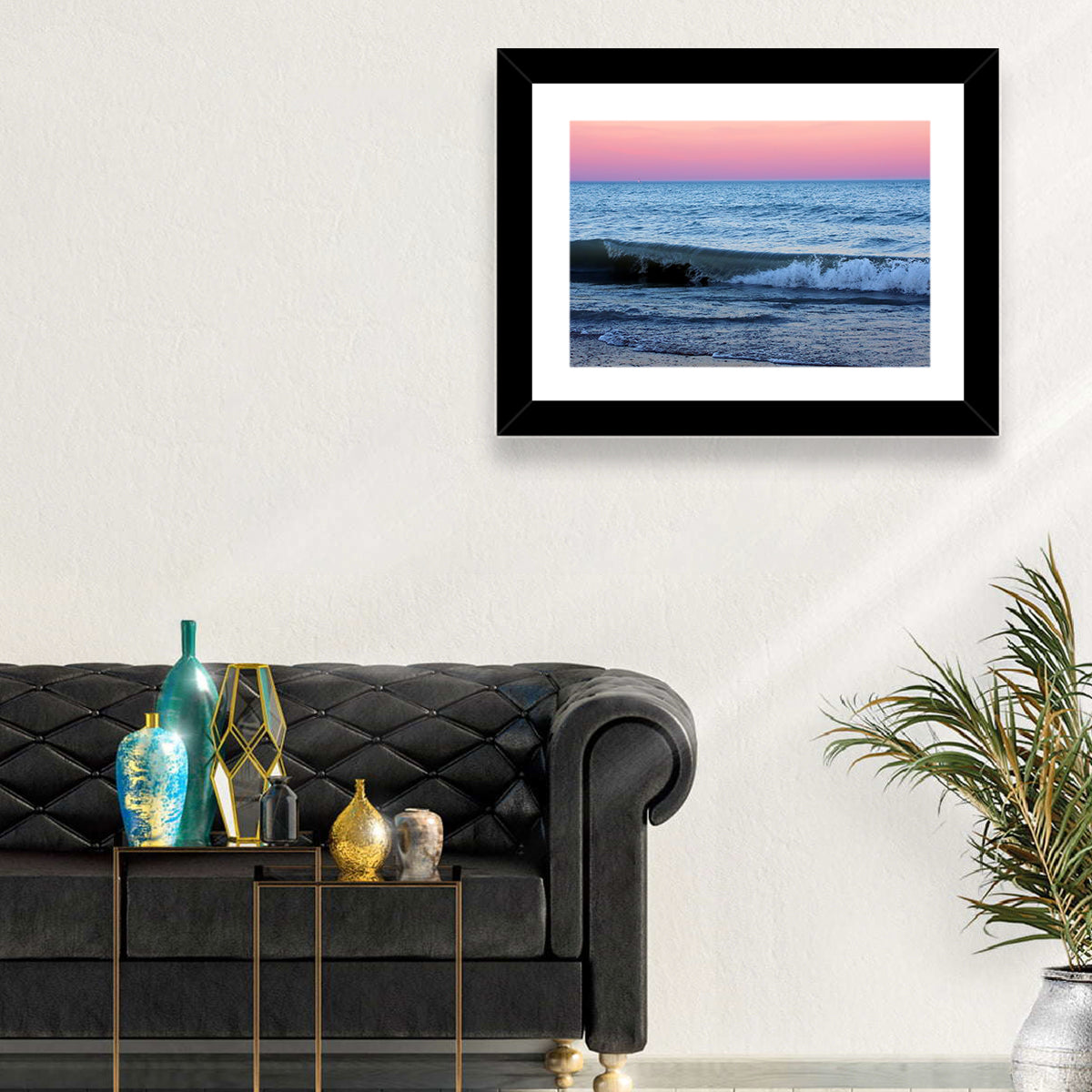 Lake Michigan Sunset with Sailboat Wall Art in a room, landscape