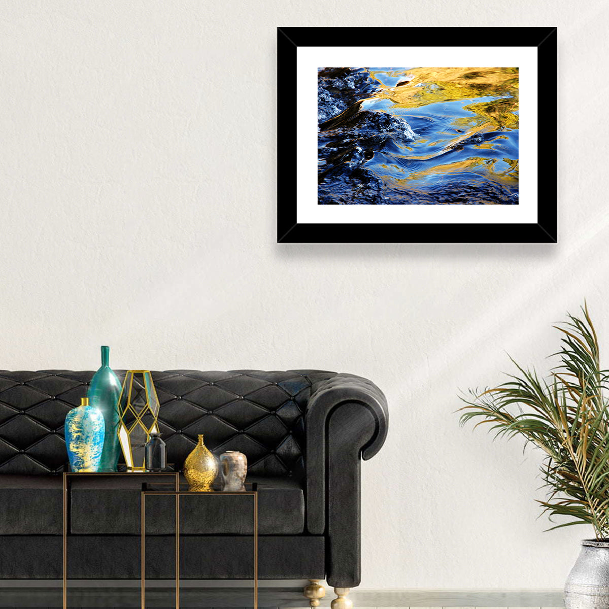 Flowing Stream with Golden Reflections Wall Art in a room, landscape