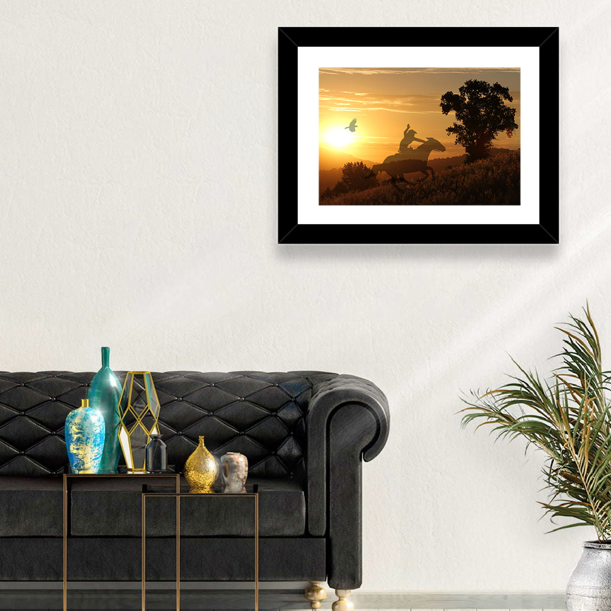 Cowboy Silhouette at Golden Sunset Wall Art in a room, landscape