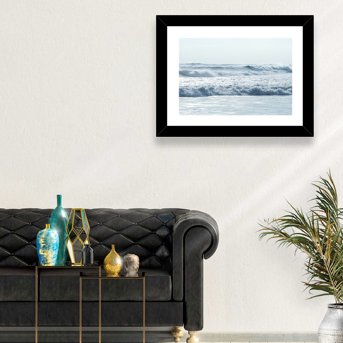 Misty Horizon Ocean Waves Wall Art in a room, landscape