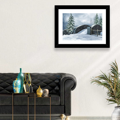 Snowy Stone Bridge in Winter Forest Wall Art