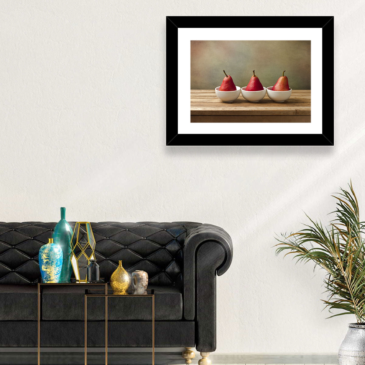 Three Red Pears in Bowls Wall Art in a room, landscape