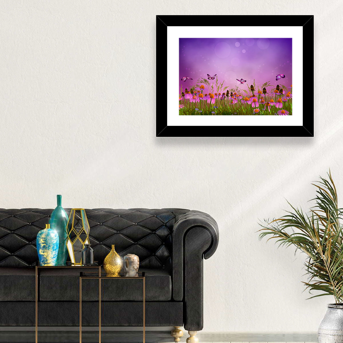 Purple Coneflower Butterfly Meadow Wall Art in a room, landscape