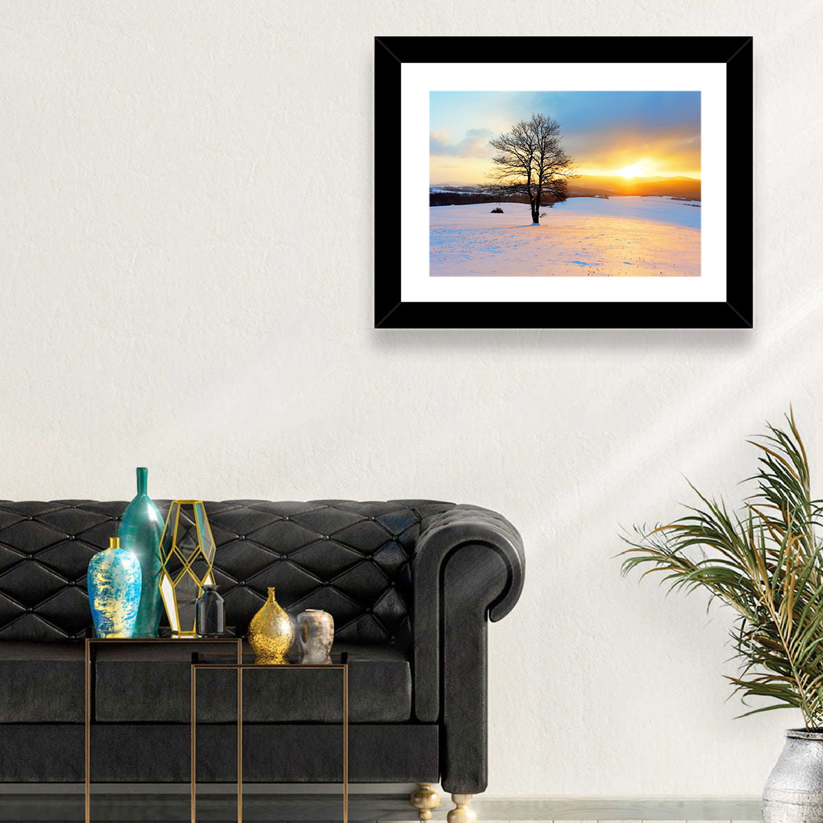 Snowy Winter Sunrise Wall Art in a room, landscape