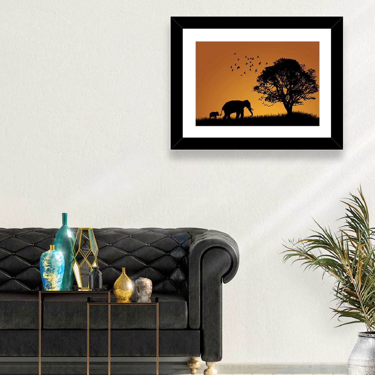 Elephant Family at Golden Sunset Wall Art in a room, landscape
