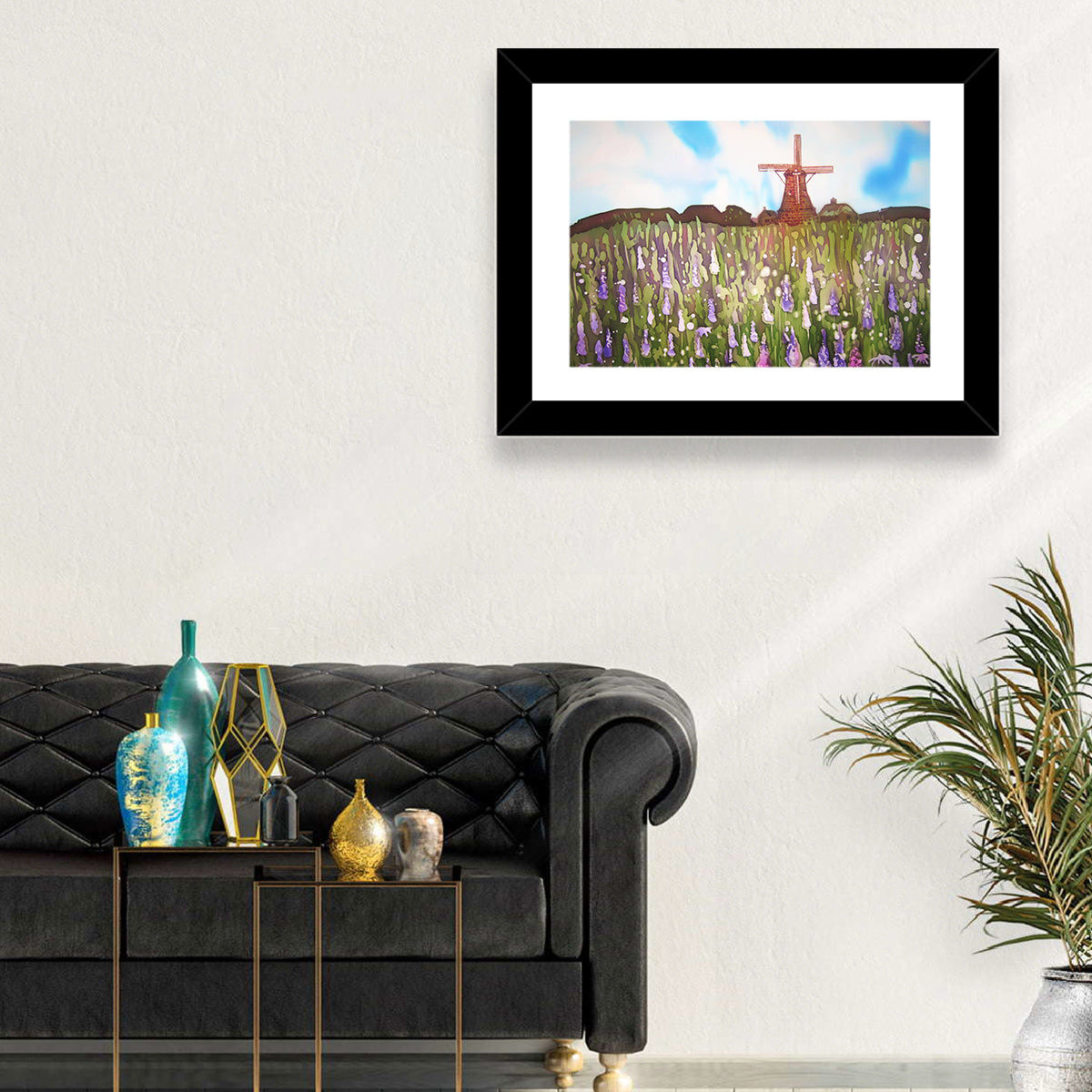 Ink Wash Windmill in Blooming Field Wall Art in a room, landscape