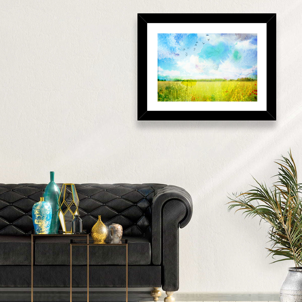 Watercolor Wildflower Field Wall Art in a room, landscape