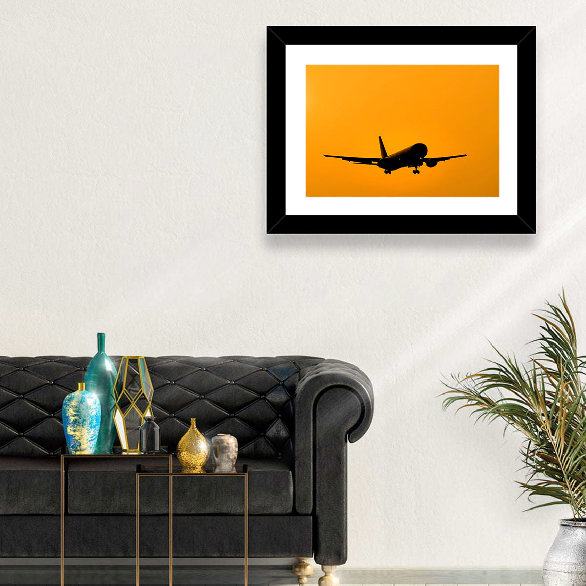 Golden Hour Airliner Silhouette Wall Art in a room, landscape