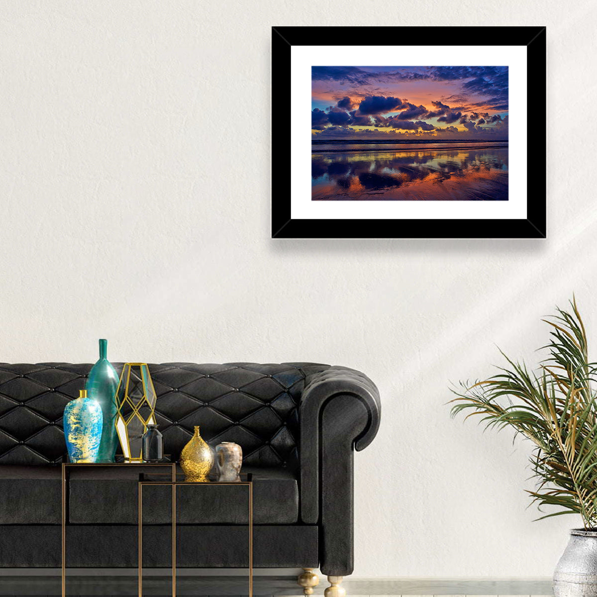 Dusk Beach Reflections Wall Art in a room, landscape