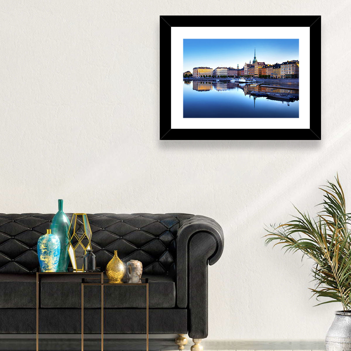 Gamla Stan Stockholm Skyline Wall Art in a room, landscape