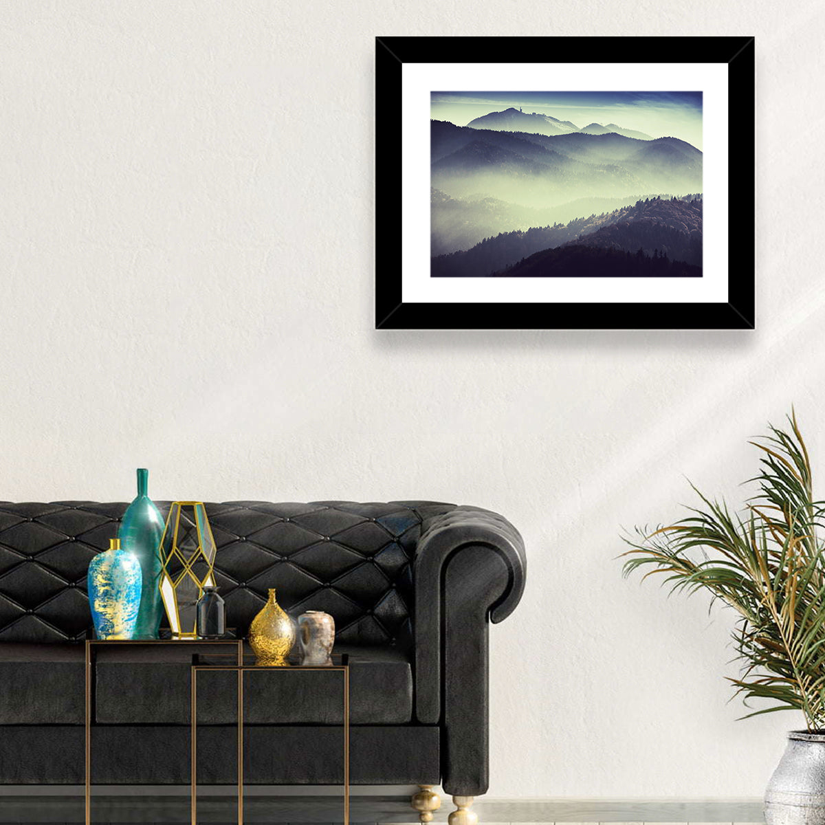 Foggy Forest Valley Wall Art in a room, landscape