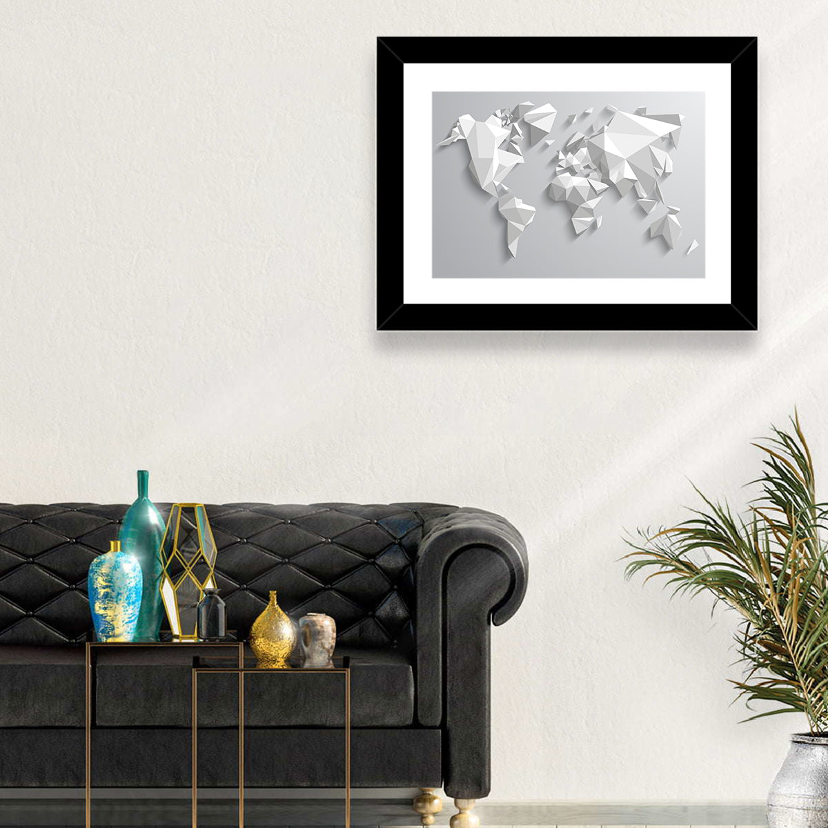 Faceted Triangular World Map Wall Art in a room, landscape