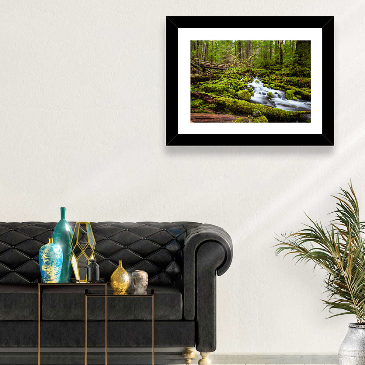 Mossy Cascade Forest Stream Wall Art in a room, landscape