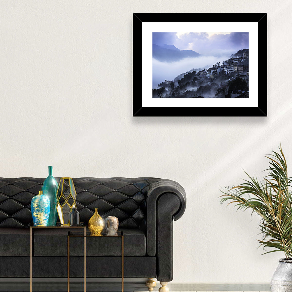 Misty Hillside Town Wall Art in a room, landscape