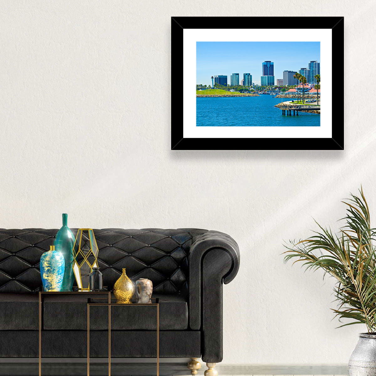 Long Beach Rainbow Harbor Skyline Wall Art in a room, landscape