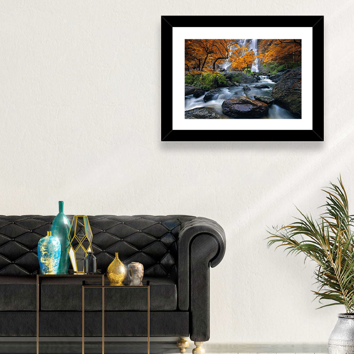 Konglan Autumn Waterfall Wall Art in a room, landscape