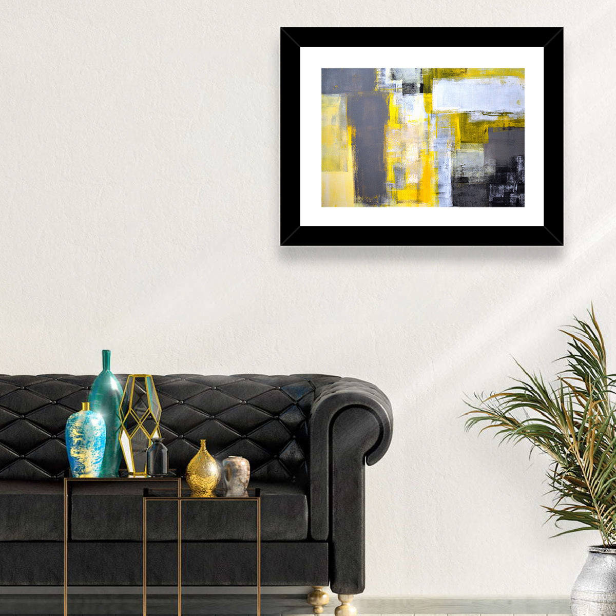 Yellow and Gray Color Block Abstract Wall Art in a room, landscape