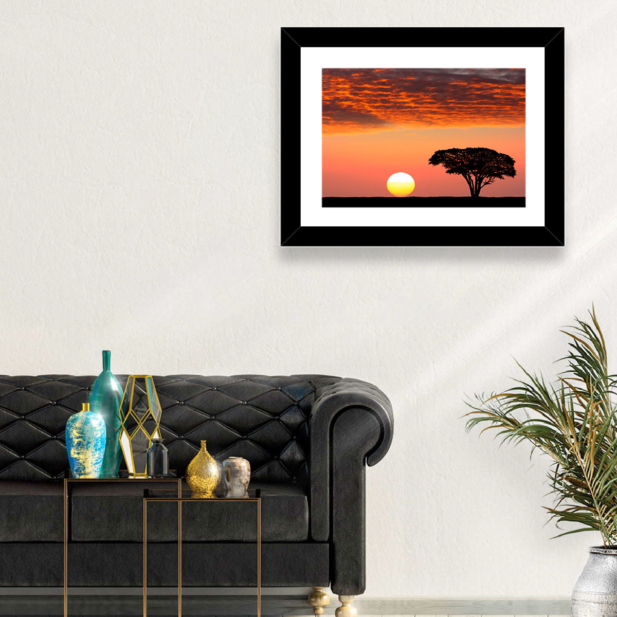 Serengeti Sunset Silhouette Wall Art in a room, landscape