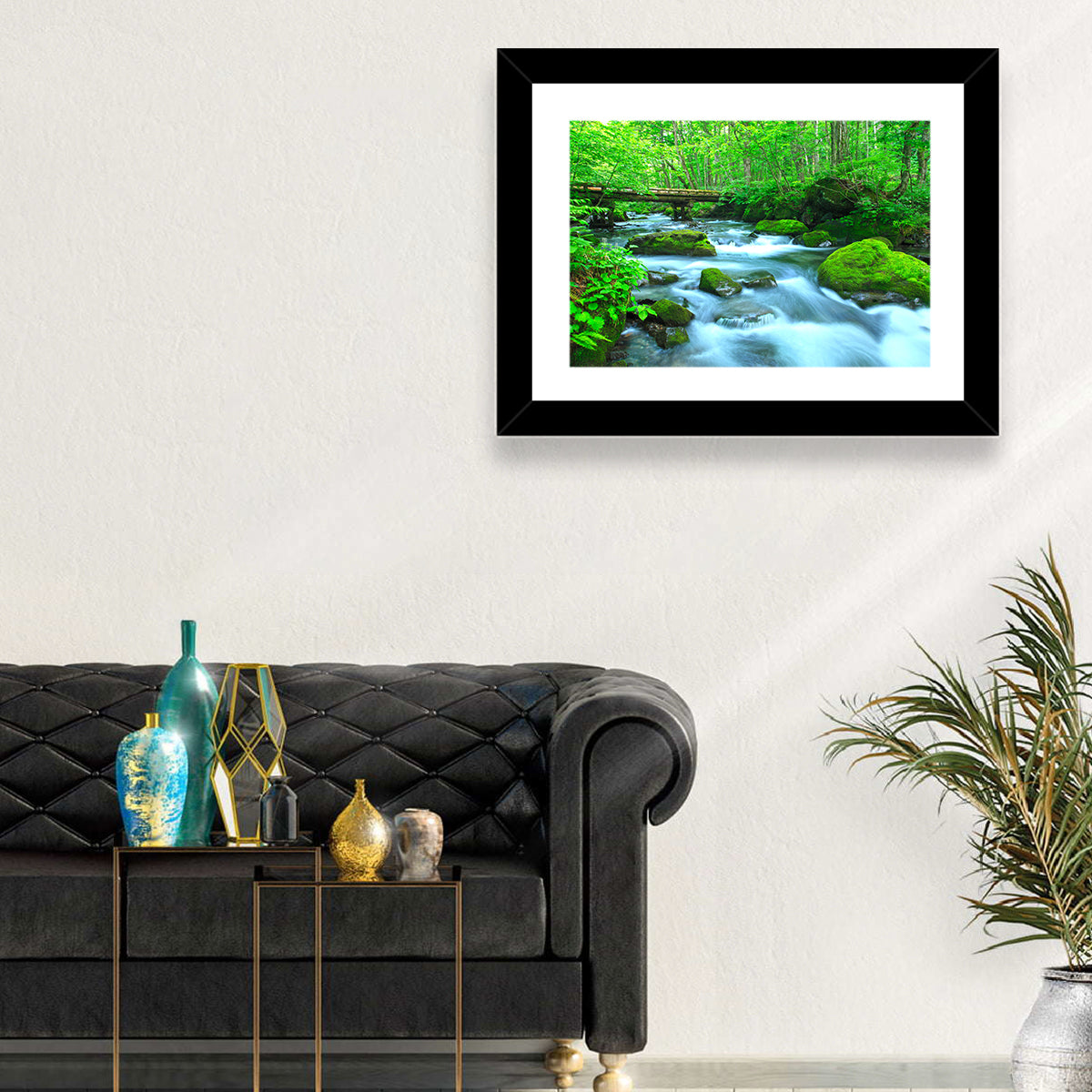 Mossy Forest Stream Wall Art in a room, landscape