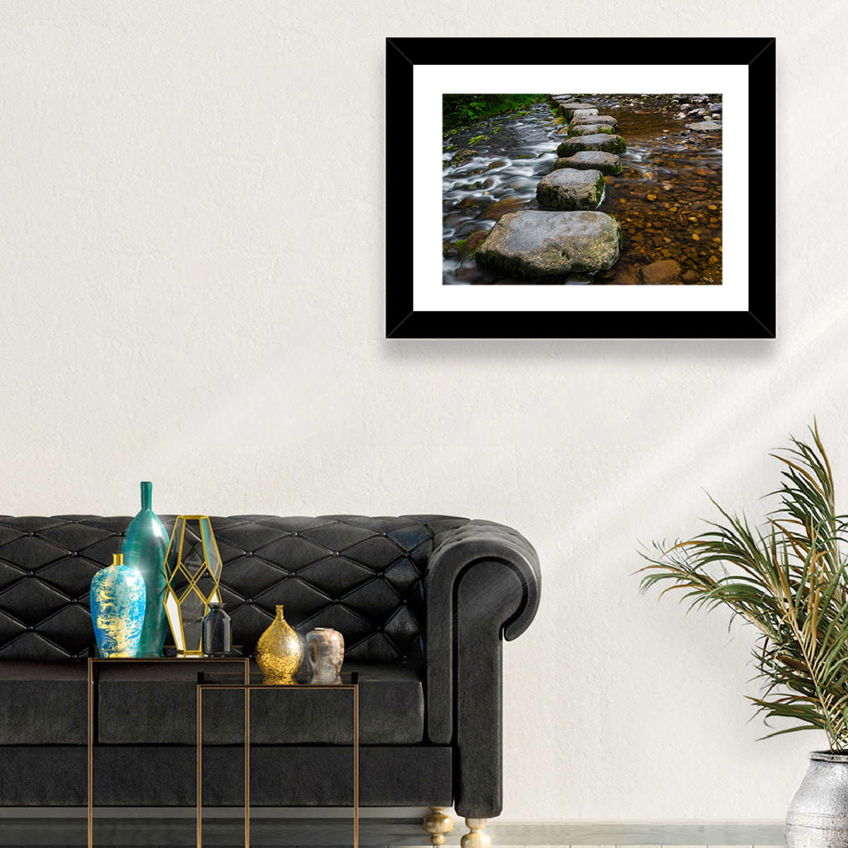 Mossy Stepping Stones Over Stream Wall Art in a room, landscape