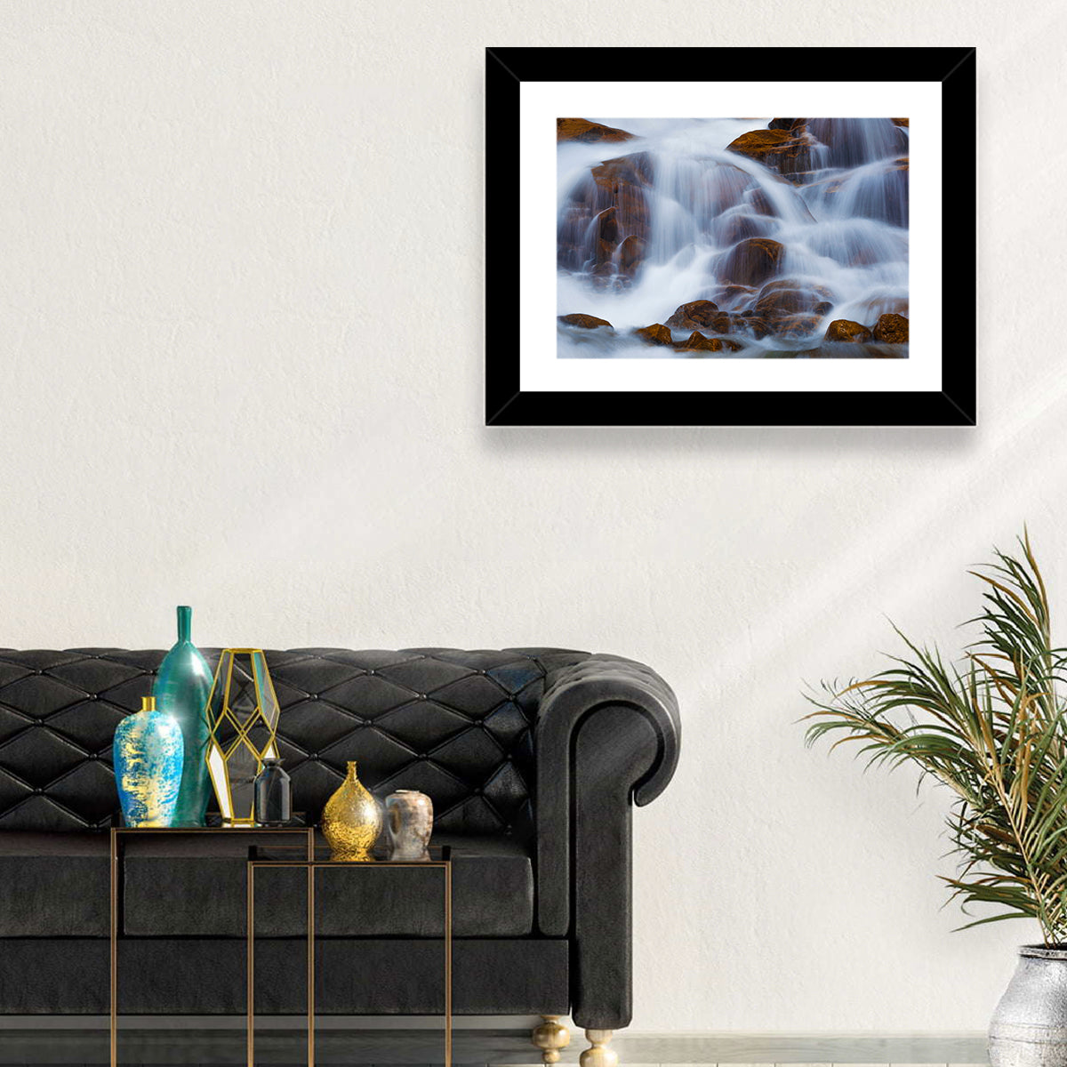 Rocky Mountain Waterfall Wall Art in a room, landscape
