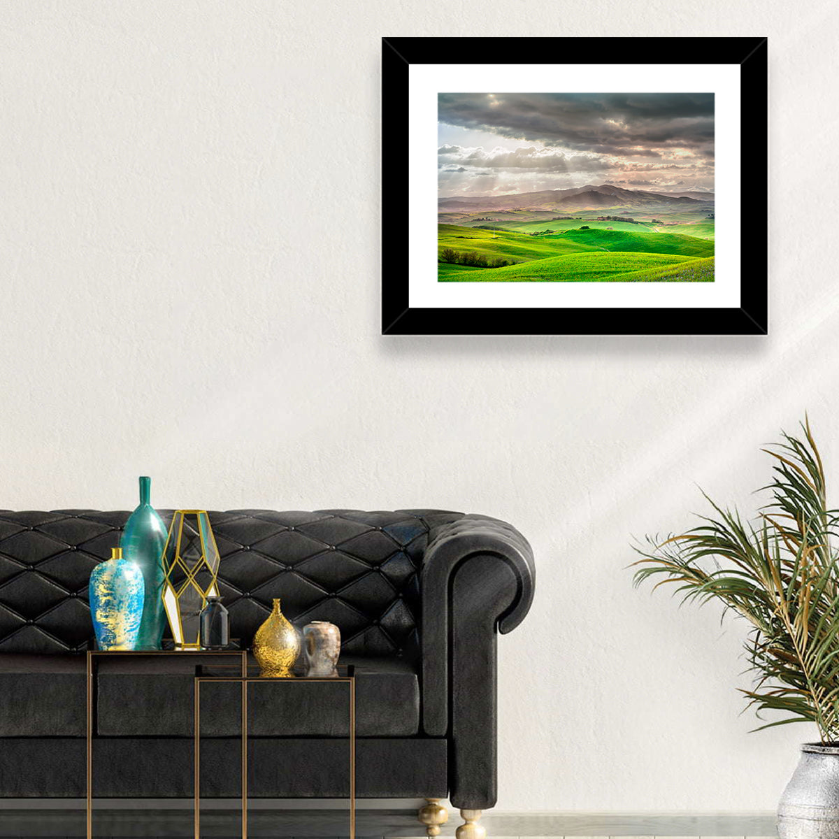 Tuscan Sunlit Hills Wall Art in a room, landscape