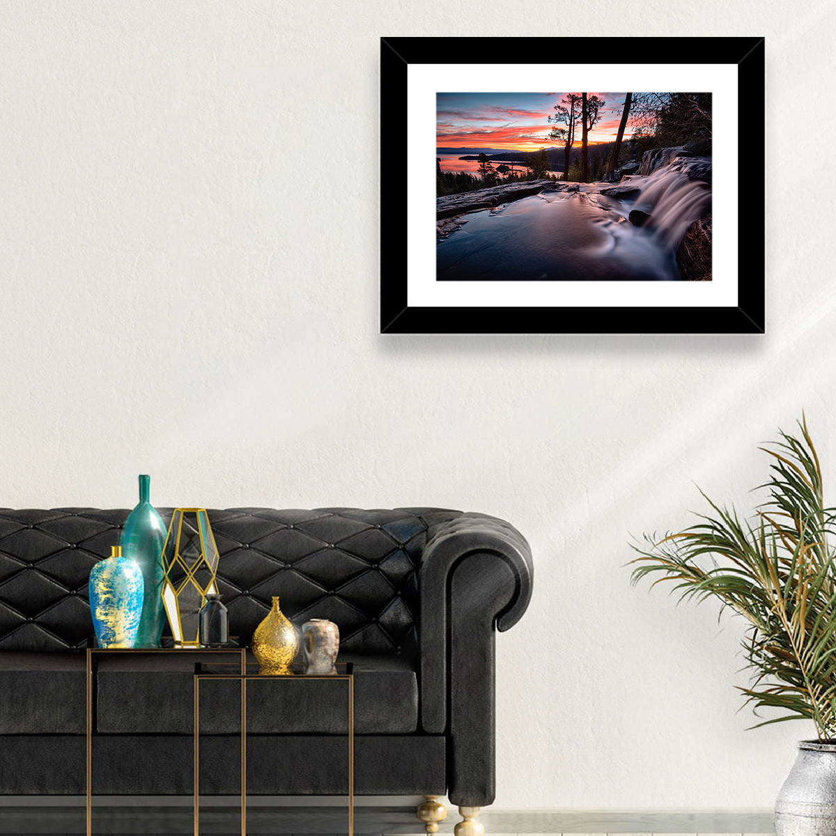 Waterfall Near Lake Tahoe Wall Art in a room, landscape