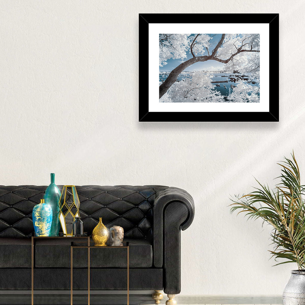Curving Winter Tree Over Lake Wall Art