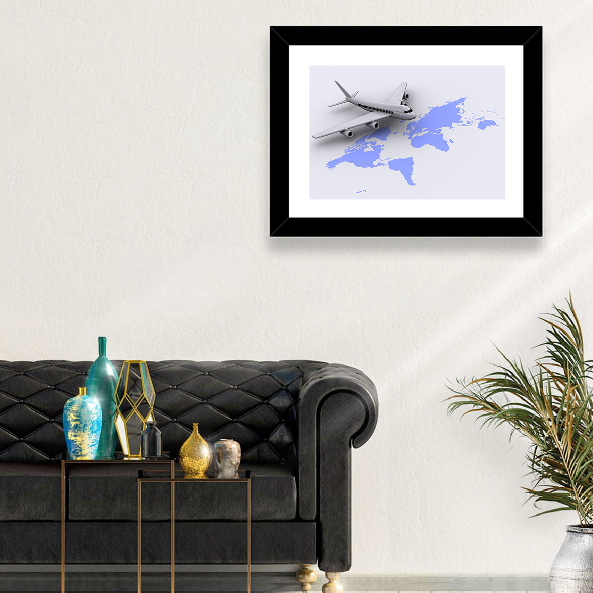 Airplane Over World Map Wall Art in a room, landscape