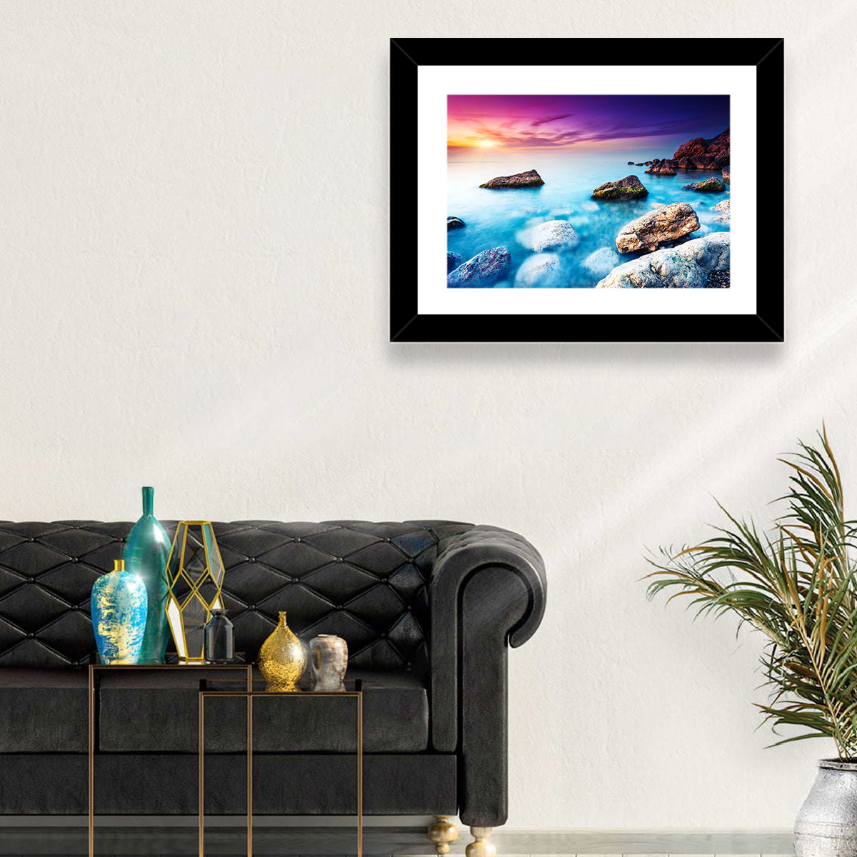 Rocky Beach Sunset Wall Art in a room, landscape