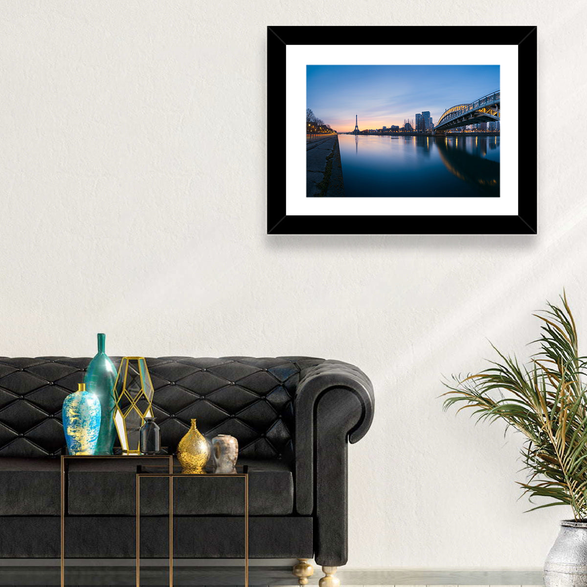 Eiffel Tower Golden Hour Reflection Wall Art in a room, landscape