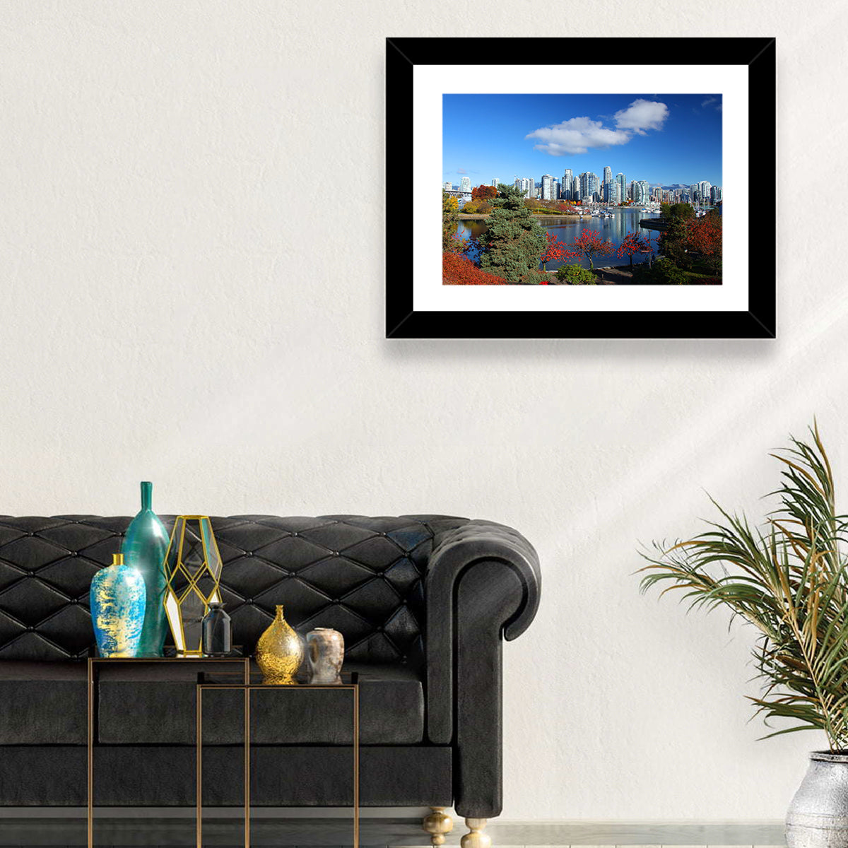 Vancouver Autumn Skyline Wall Art in a room, landscape