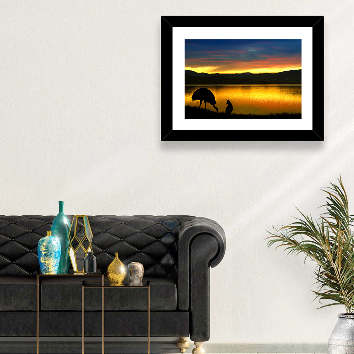 Kangaroo and Emu at Lake Sunset Wall Art