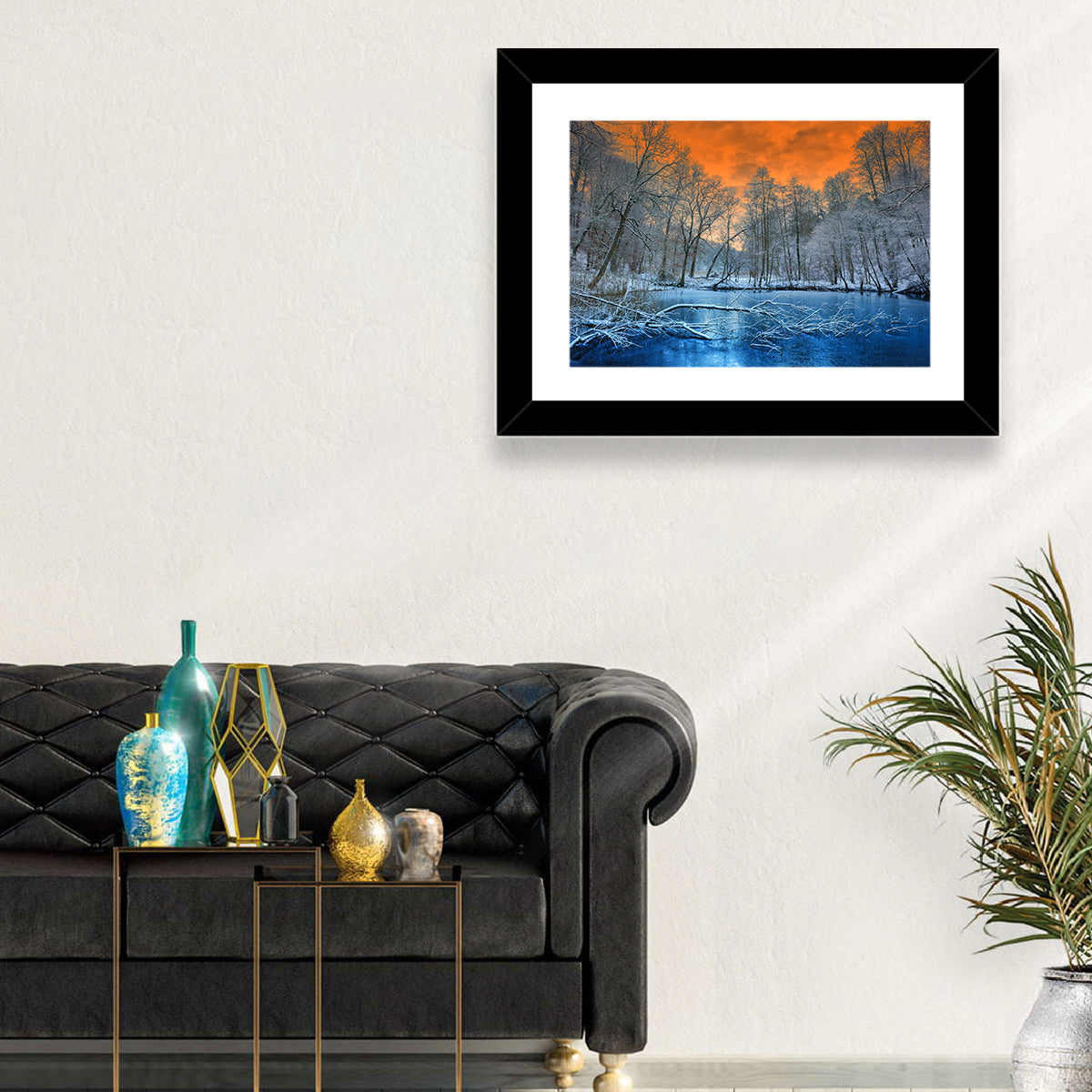 Sunset Over Winter Forest Lake Wall Art
