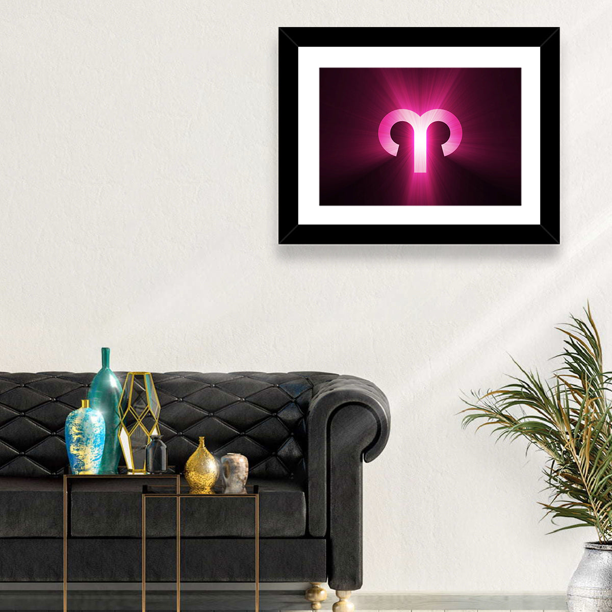 Radiant Aries Zodiac Emblem Wall Art in a room, landscape