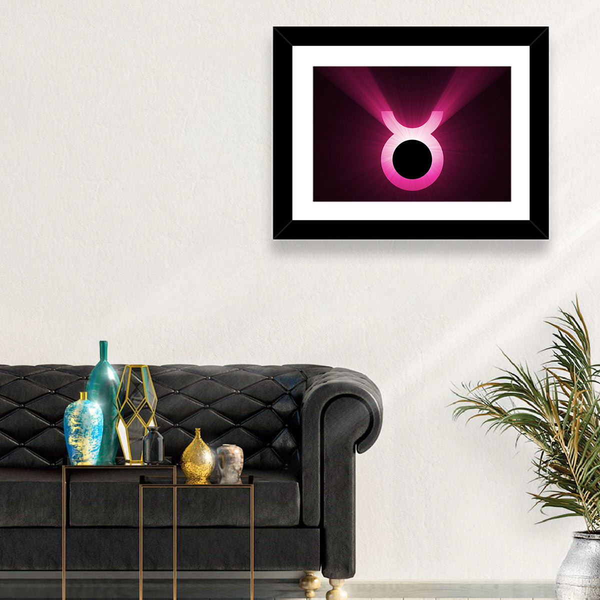 Glowing Pink Taurus Symbol Wall Art in a room, landscape
