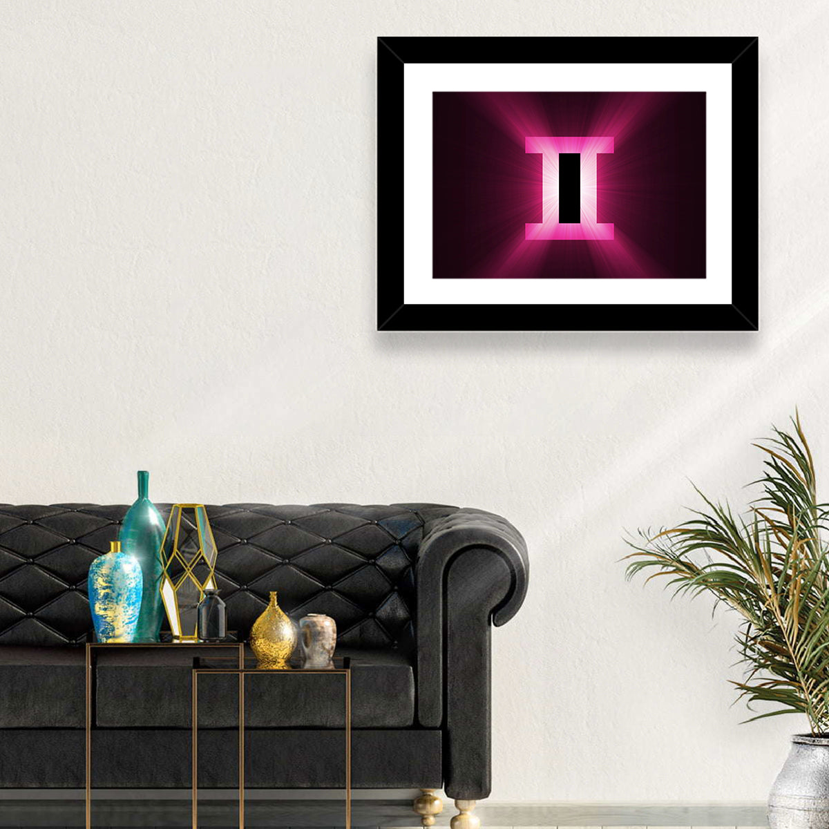 Radiant Gemini Symbol Wall Art in a room, landscape