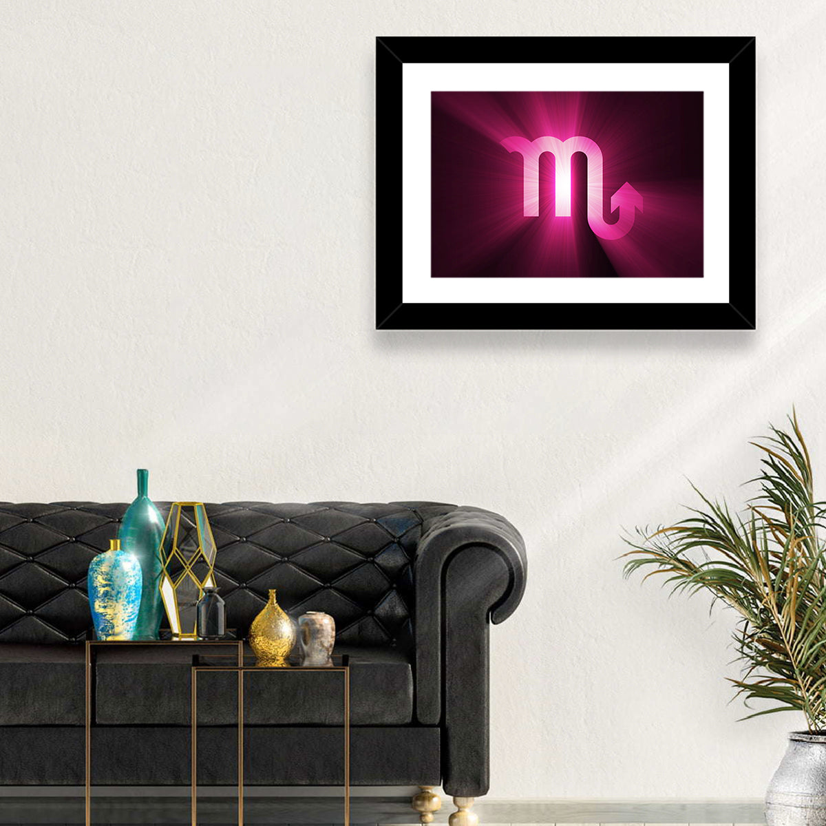 Scorpio Glyph with Magenta Burst Wall Art in a room, landscape