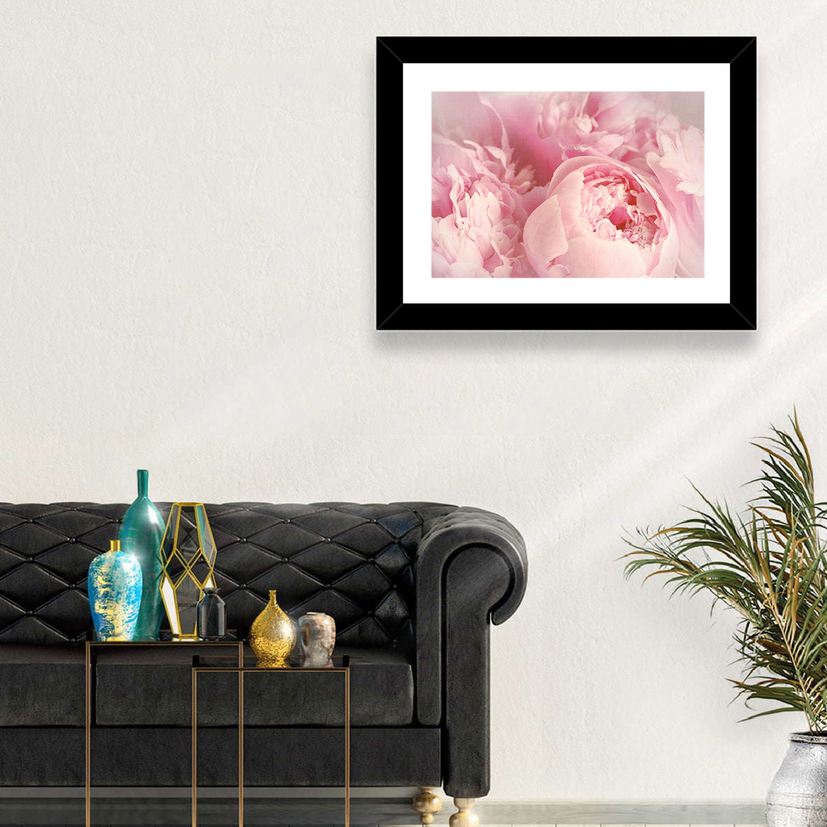 Soft Pink Peony Close Up Wall Art in a room, landscape