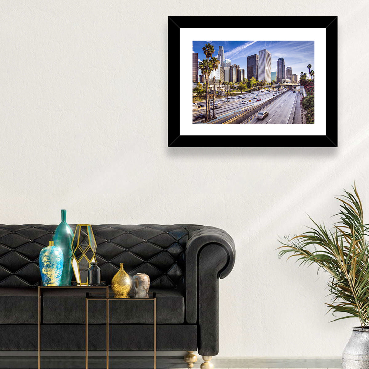 Los Angeles Freeway to Downtown Skyline Wall Art in a room, landscape