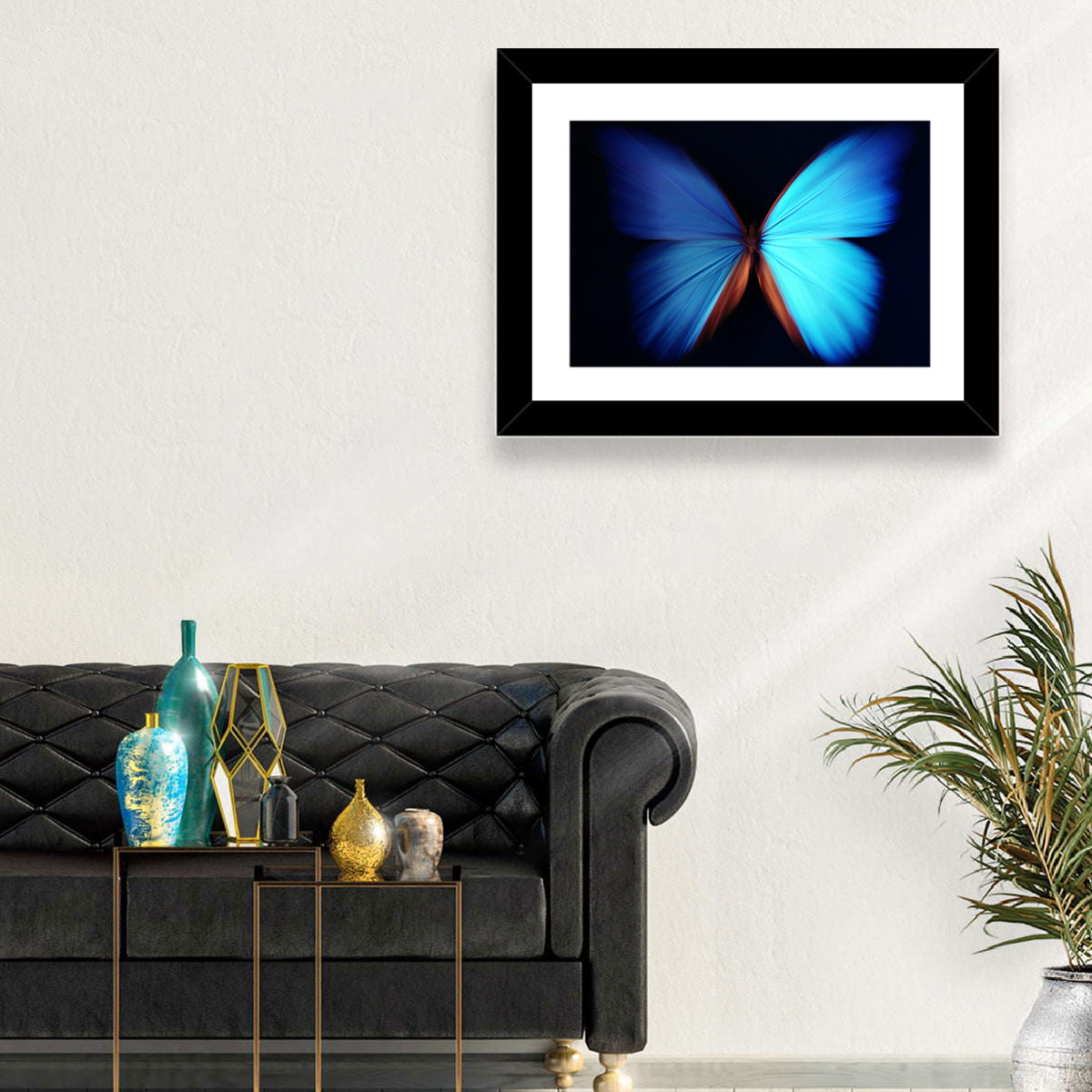 Blue Butterfly Macro Study Wall Art in a room, landscape
