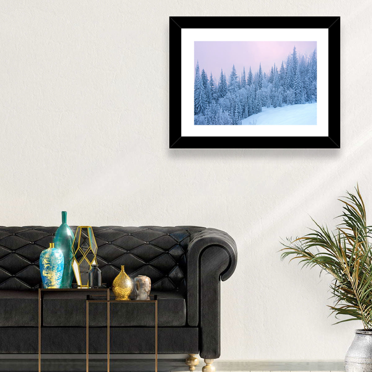 Snowy Winter Forest Wall Art in a room, landscape
