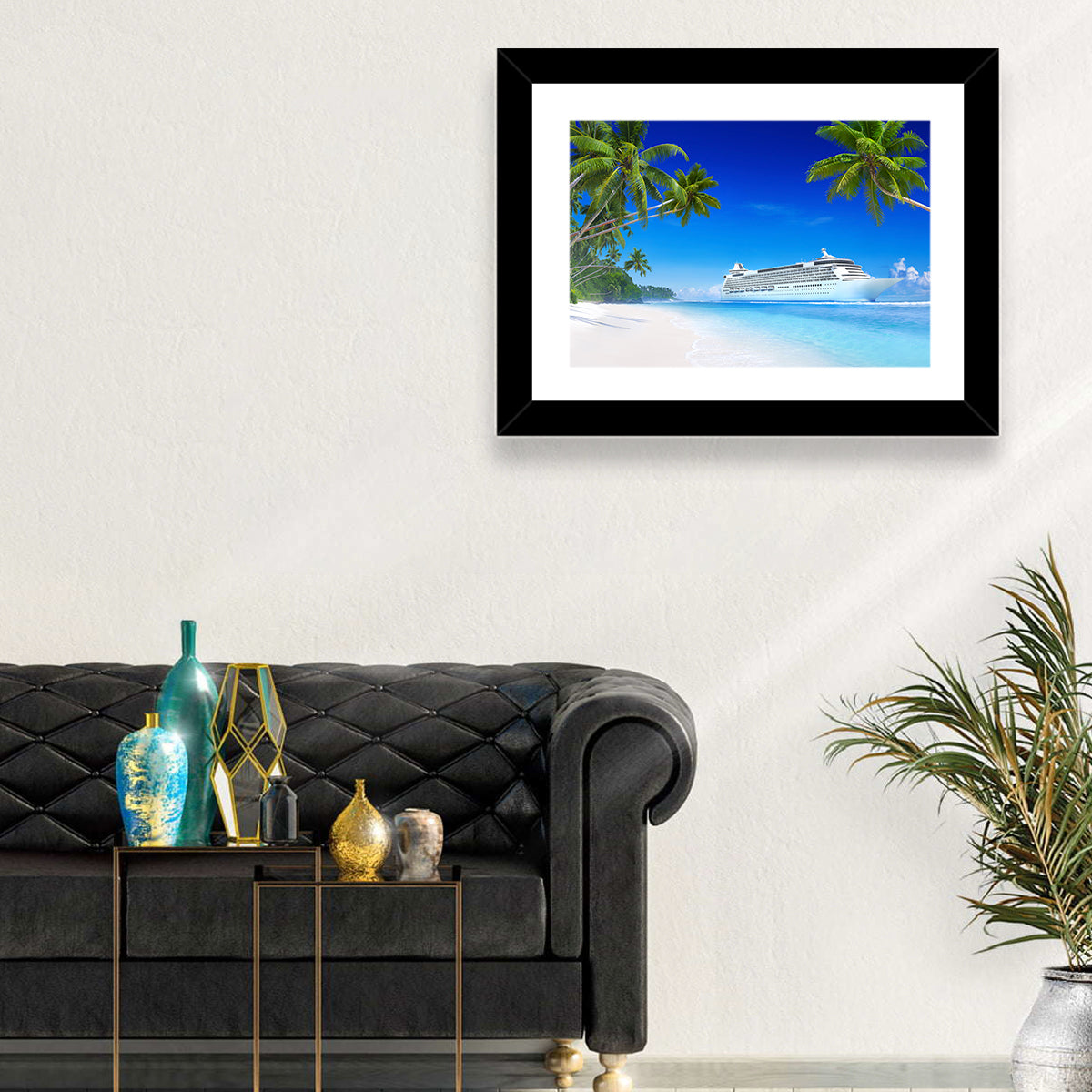 Tropical Beach Cruise Ship Shoreline Wall Art in a room, landscape
