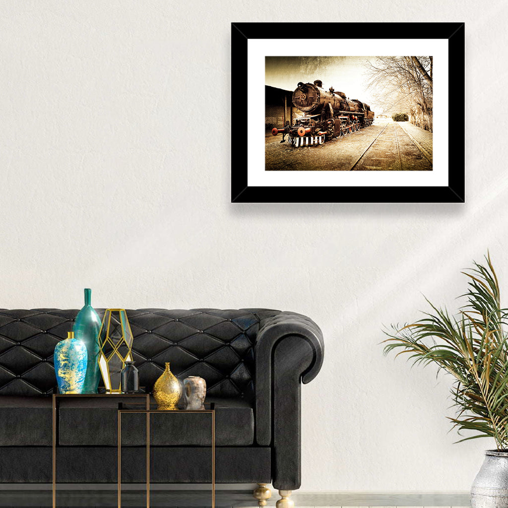 Sepia Steam Locomotive on Rusted Tracks Wall Art