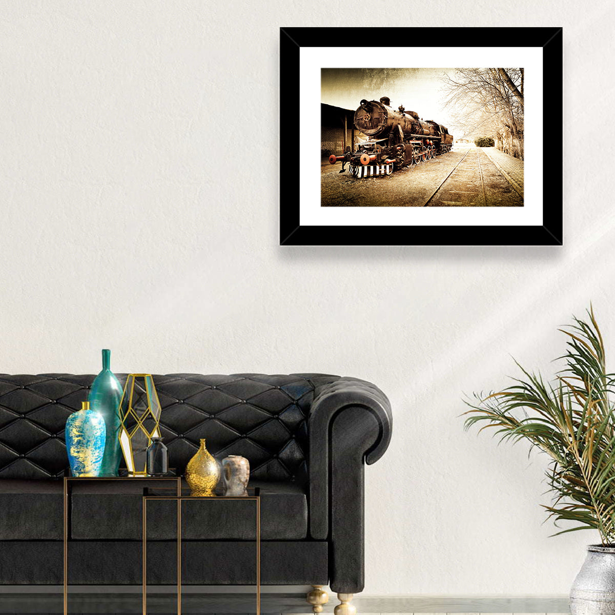 Sepia Steam Locomotive on Rusted Tracks Wall Art