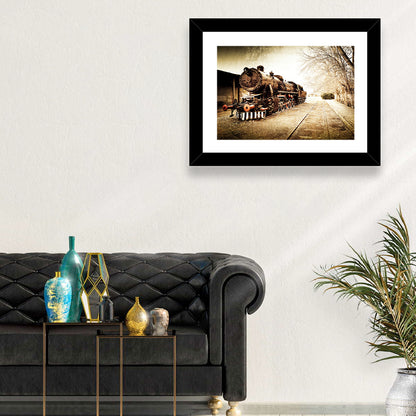Sepia Steam Locomotive on Rusted Tracks Wall Art