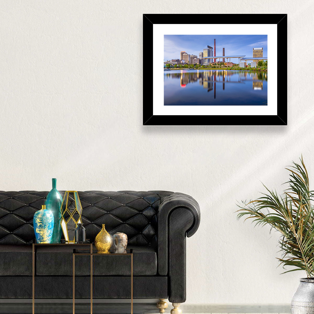Birmingham Skyline Reflection at Twilight Wall Art in a room, landscape