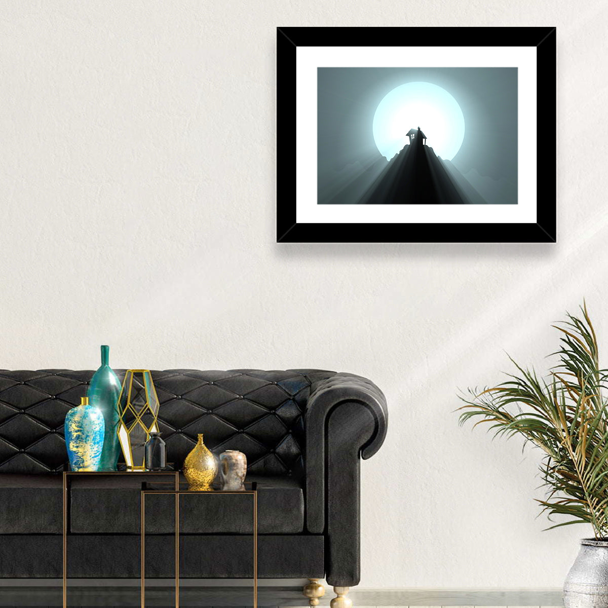 Moonlit Mountain Hut Wall Art in a room, landscape